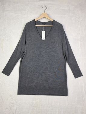 Eileen Fisher Deep V Neck Tunic Womens Small Ash Gray Merino Wool NWT